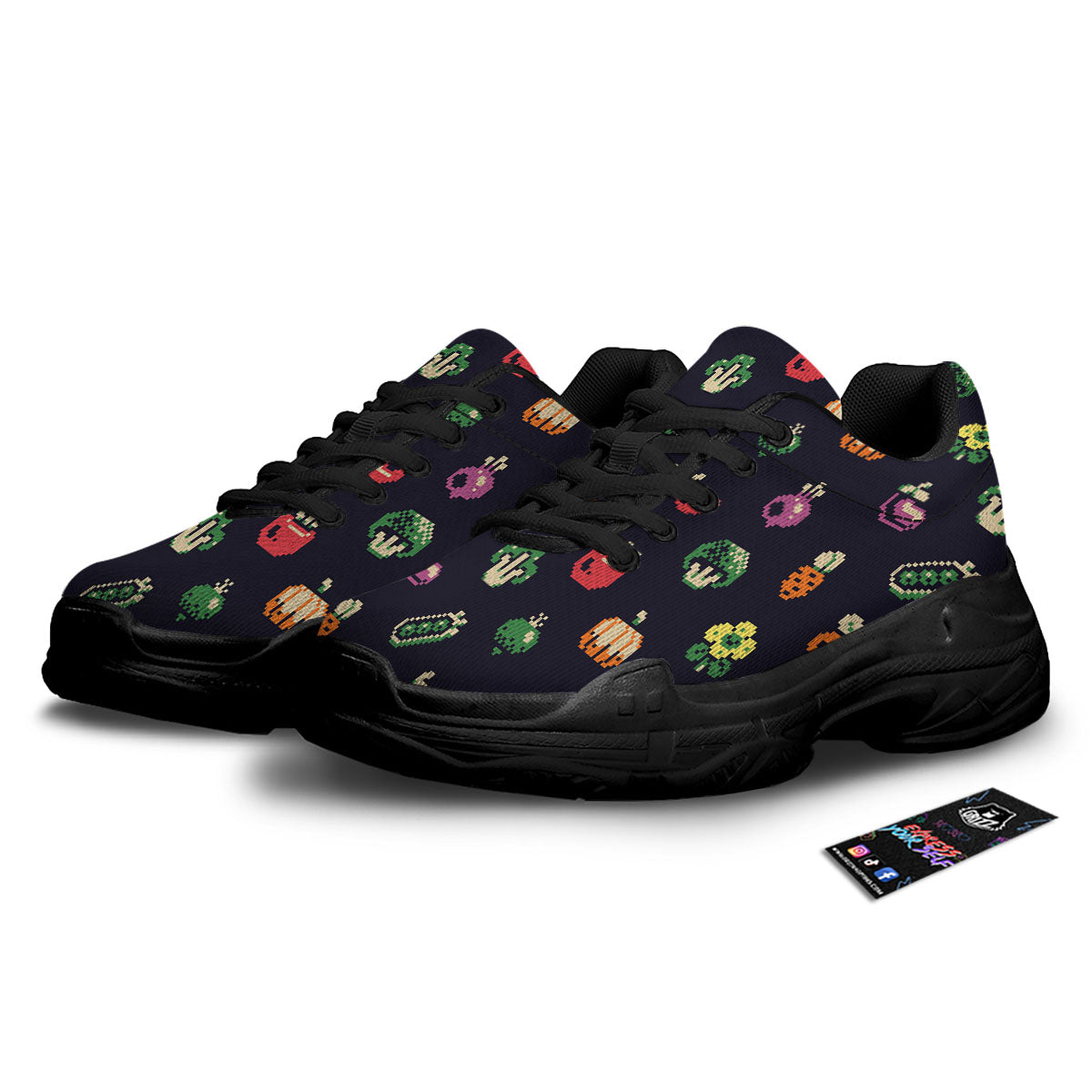 Vegetables Pixel Print Pattern Black Chunky Shoes-grizzshop