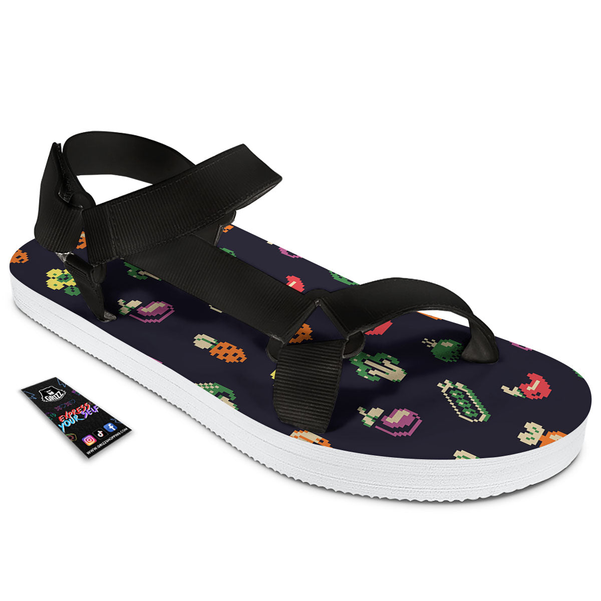 Vegetables Pixel Print Pattern Black Open Toe Sandals-grizzshop