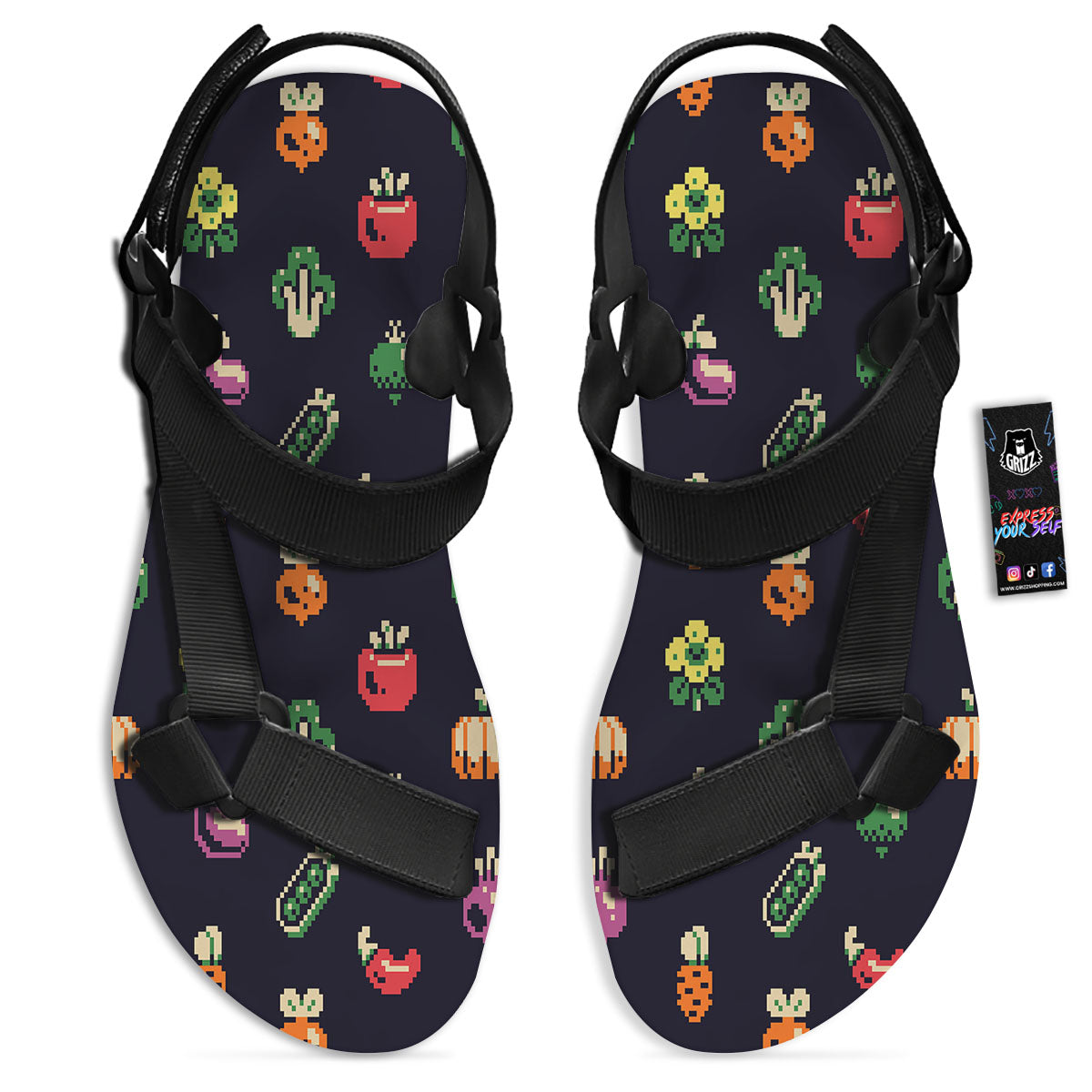 Vegetables Pixel Print Pattern Black Open Toe Sandals-grizzshop