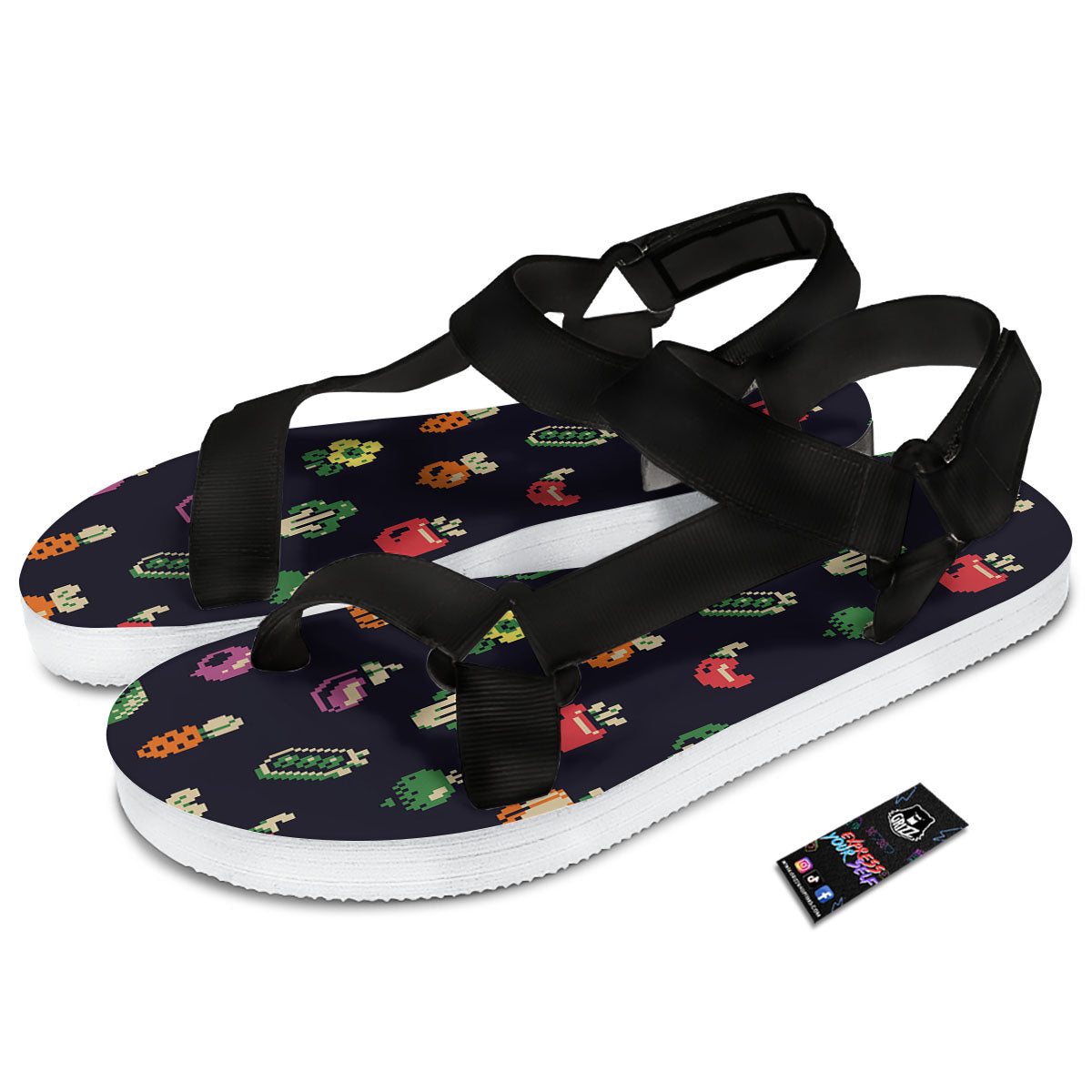 Vegetables Pixel Print Pattern Black Open Toe Sandals-grizzshop