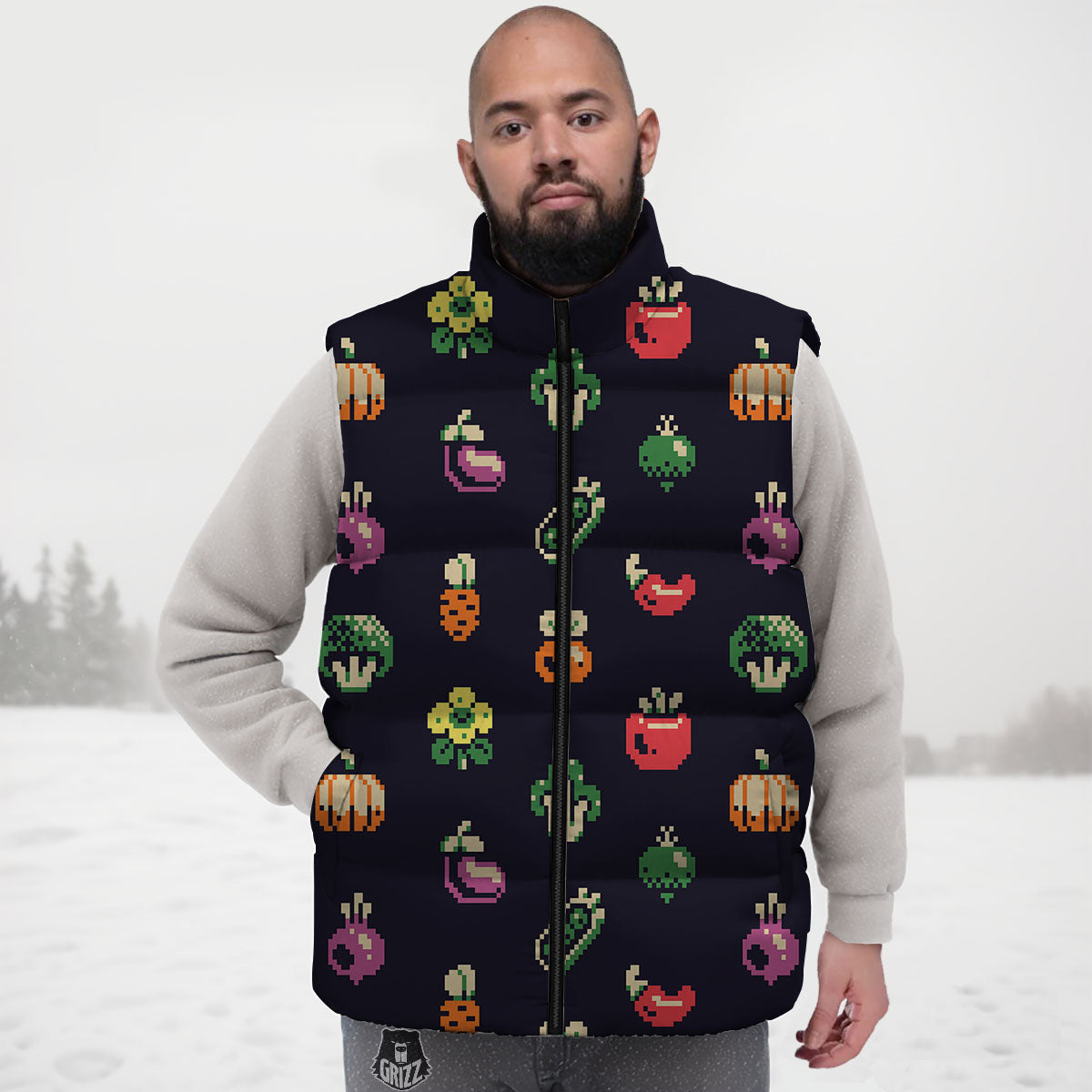 Vegetables Pixel Print Pattern Down Vest-grizzshop