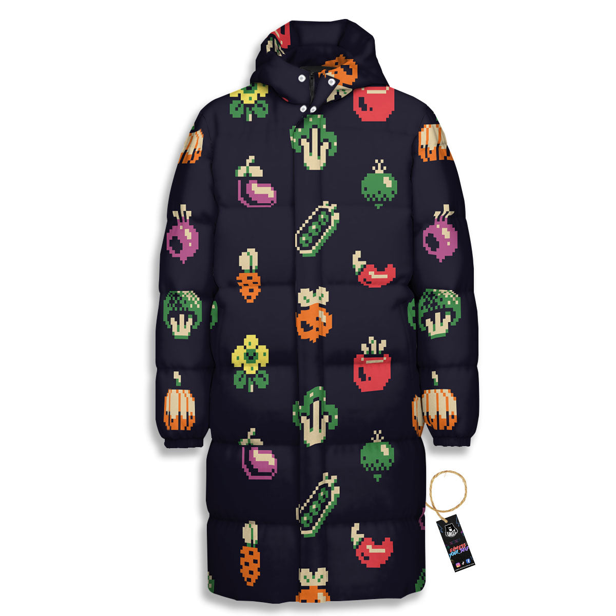 Vegetables Pixel Print Pattern Long Down Jacket-grizzshop