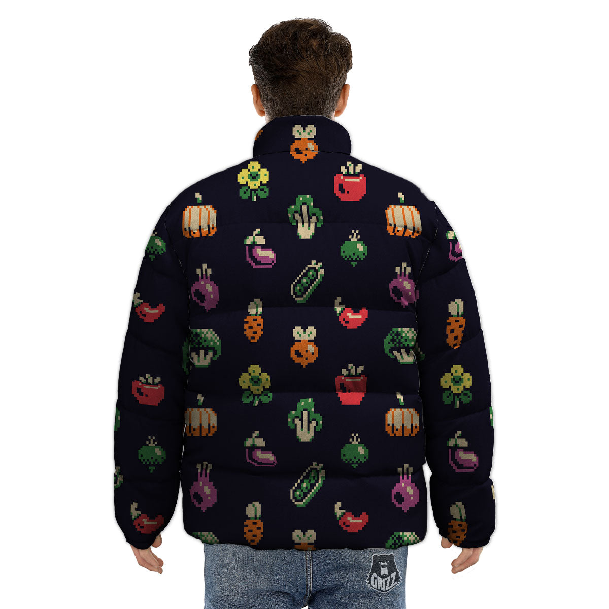 Vegetables Pixel Print Pattern Puffer Jacket-grizzshop