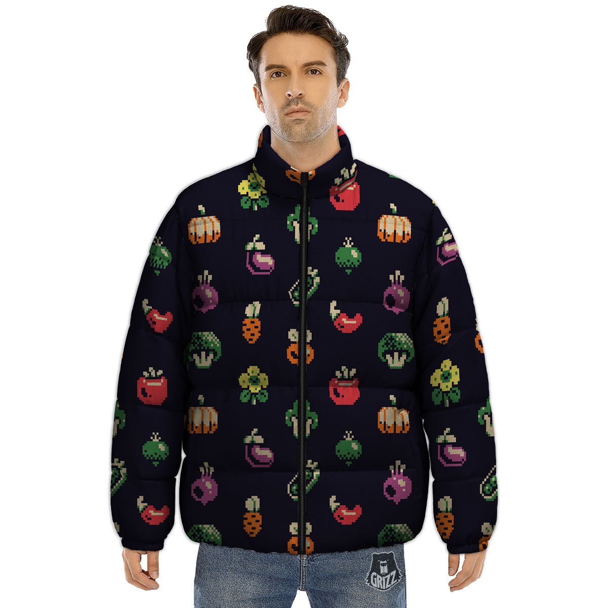 Vegetables Pixel Print Pattern Puffer Jacket-grizzshop