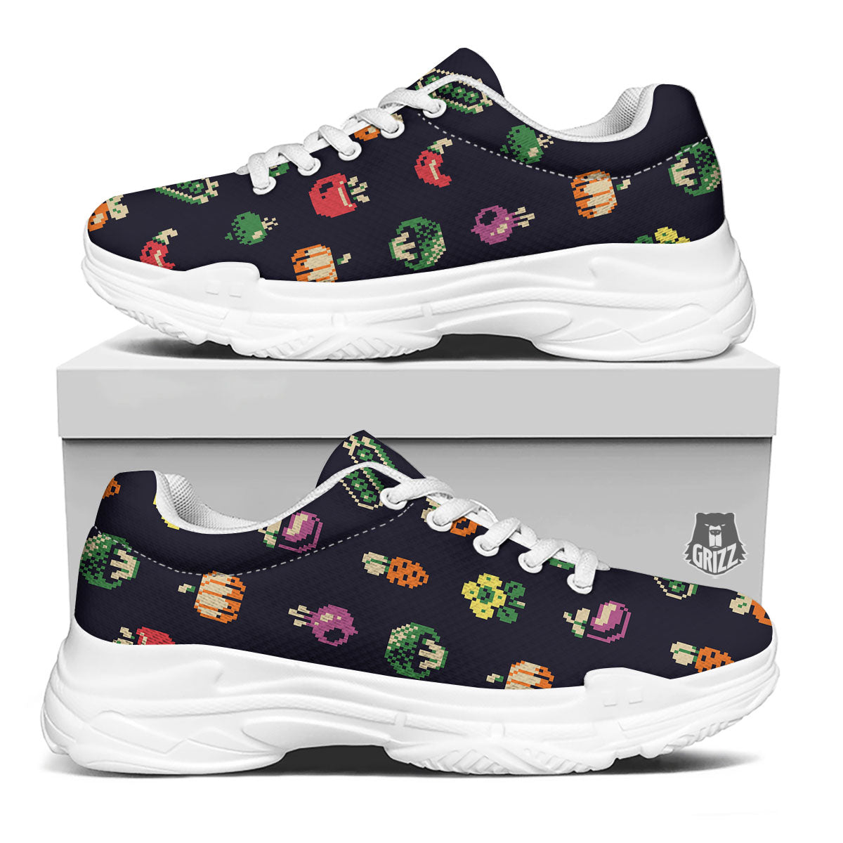 Vegetables Pixel Print Pattern White Chunky Shoes-grizzshop