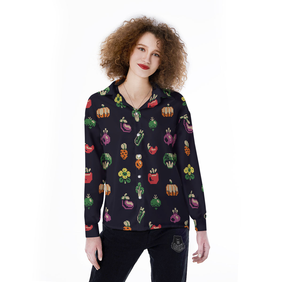 Vegetables Pixel Print Pattern Women's Long Sleeve Shirts-grizzshop