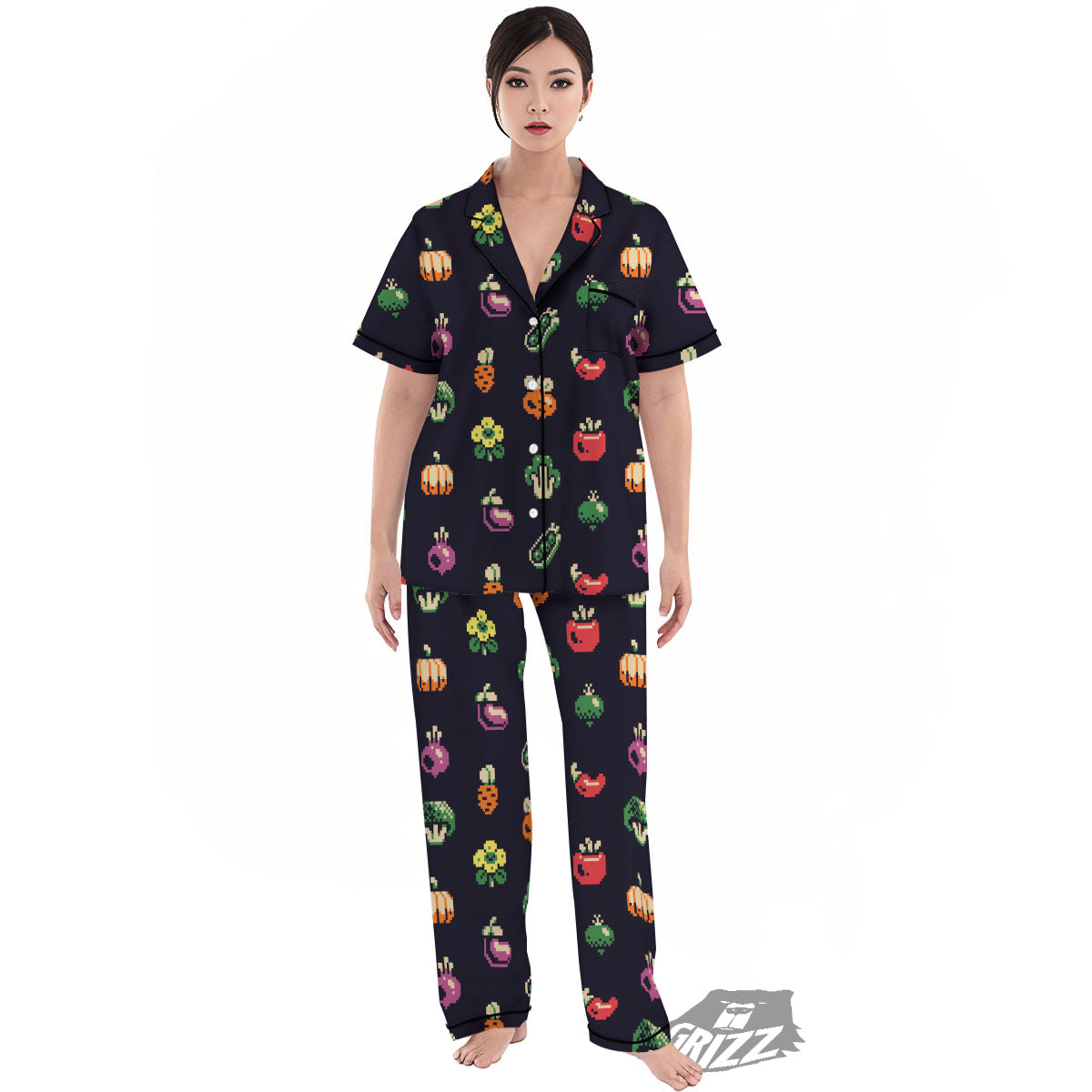 Vegetables Pixel Print Pattern Women's Pajamas Set-grizzshop