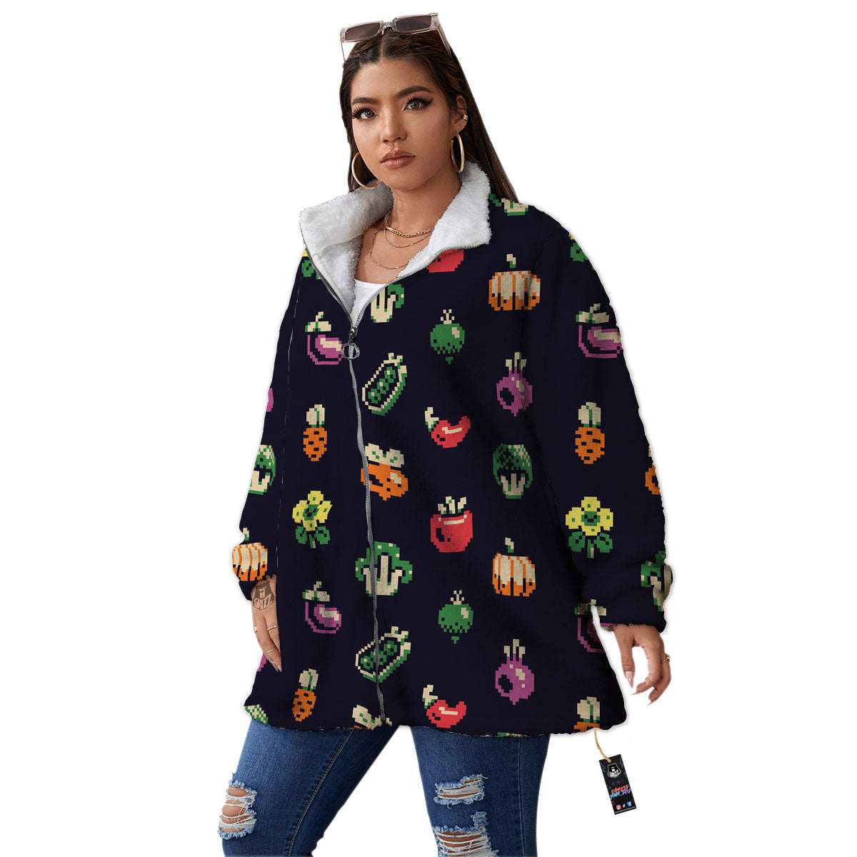 Vegetables Pixel Print Pattern Women's Sherpa Jacket-grizzshop