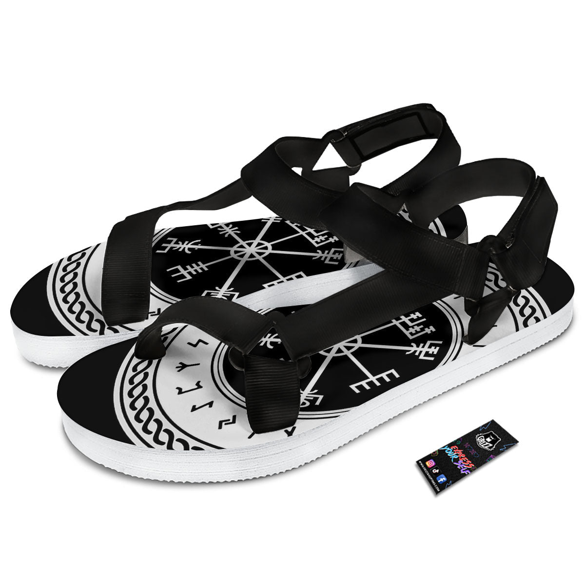 Vegvisir Viking Print Black Open Toe Sandals-grizzshop