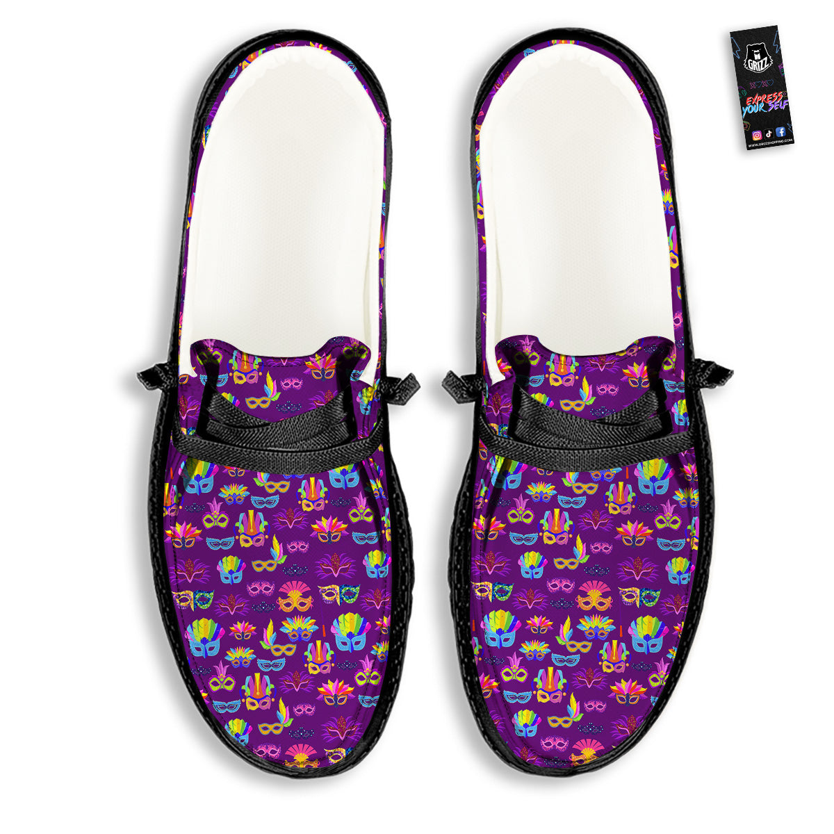 Venice Carnival Mask Print Pattern Black Loafers-grizzshop