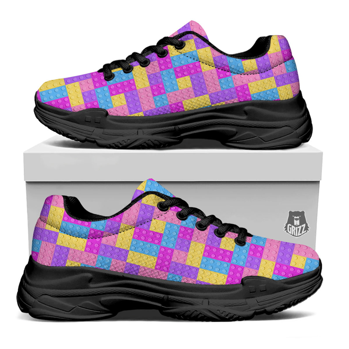 Video Game Colorful Block Puzzle Print Black Chunky Shoes-grizzshop