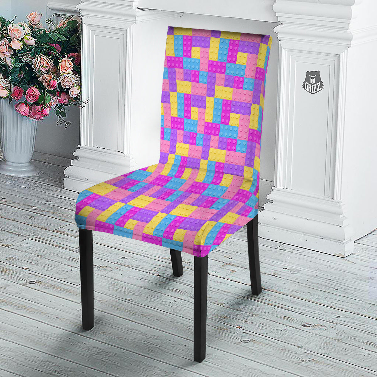 Video Game Colorful Block Puzzle Print Dining Chair Slipcover-grizzshop
