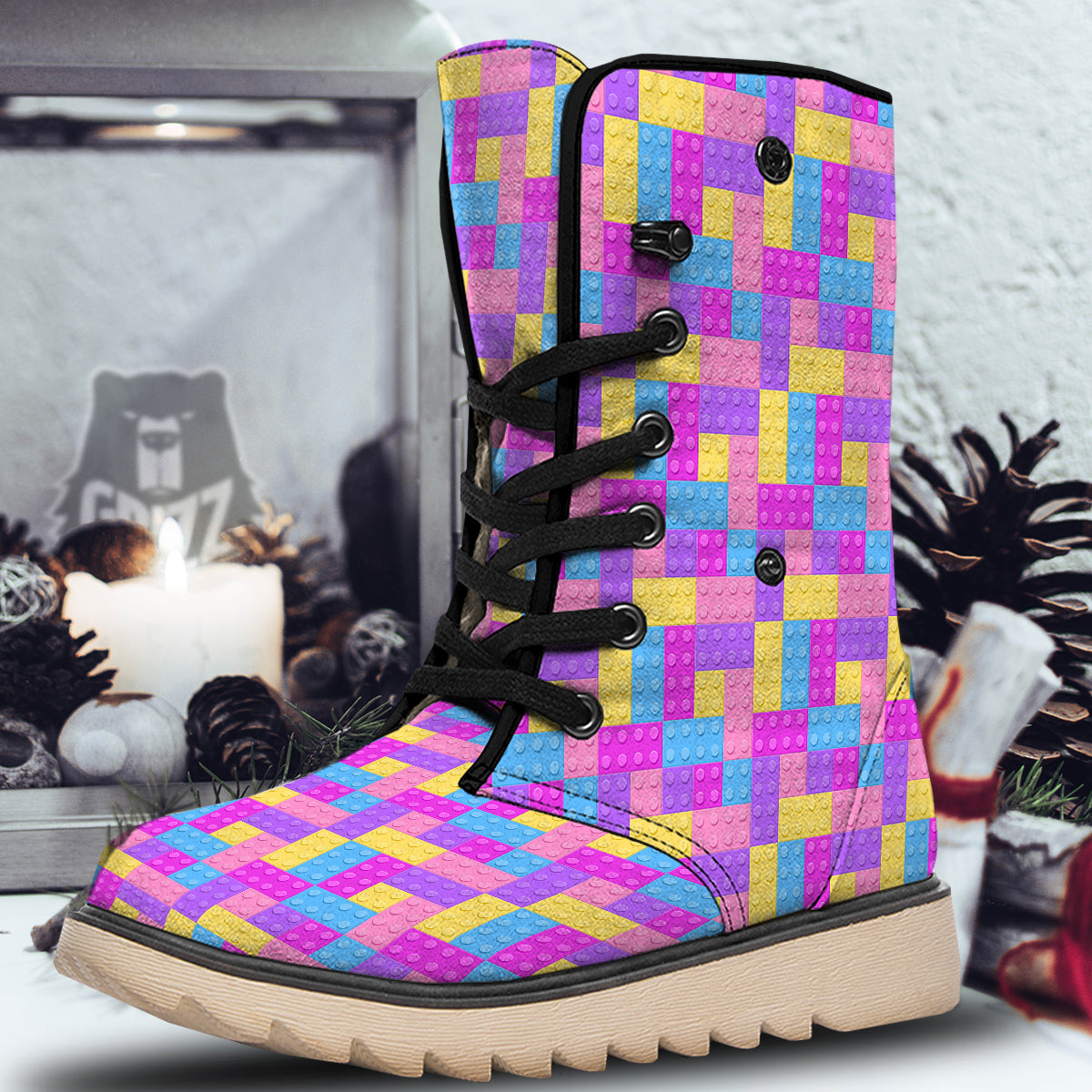 Video Game Colorful Block Puzzle Print Snow Boots-grizzshop