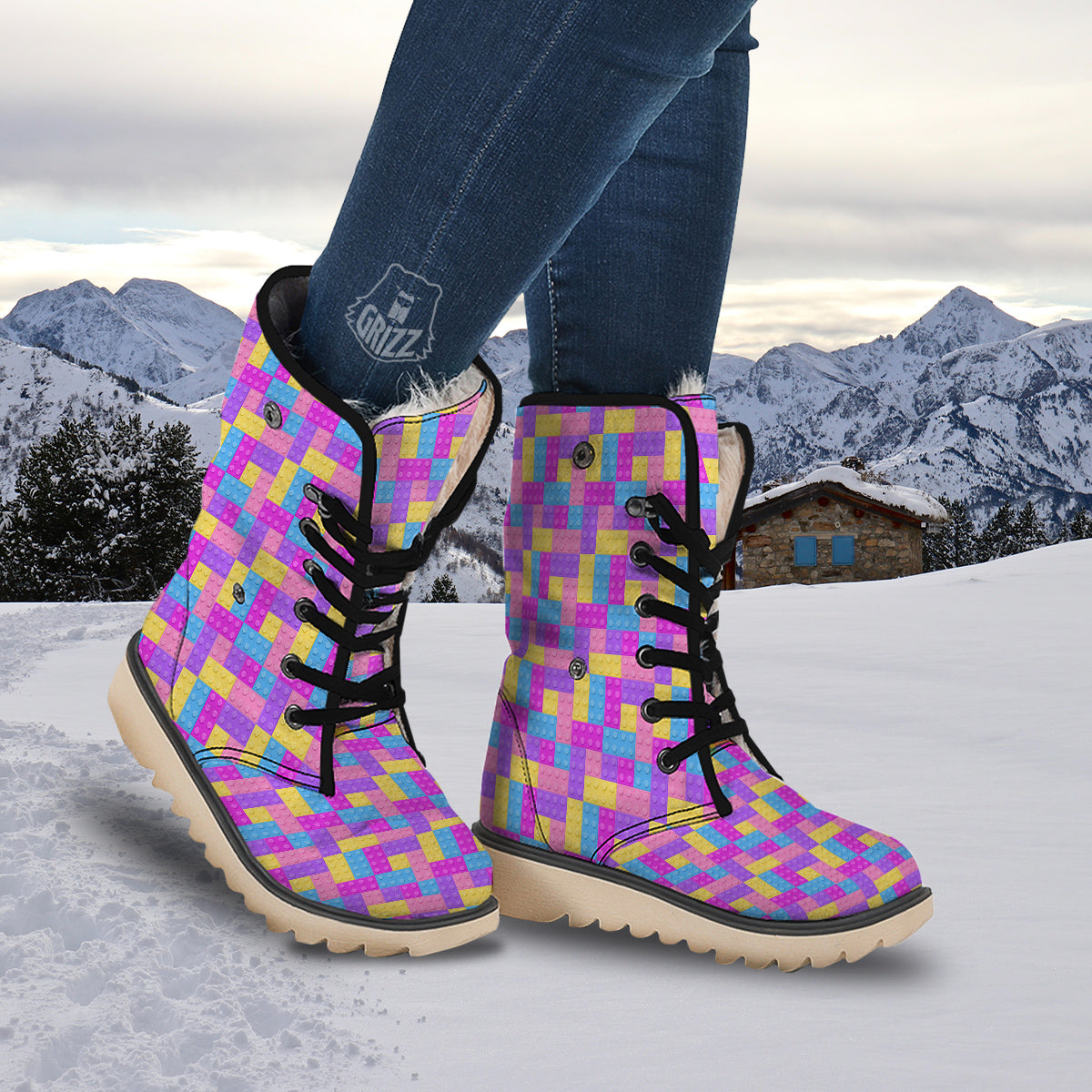 Video Game Colorful Block Puzzle Print Snow Boots-grizzshop