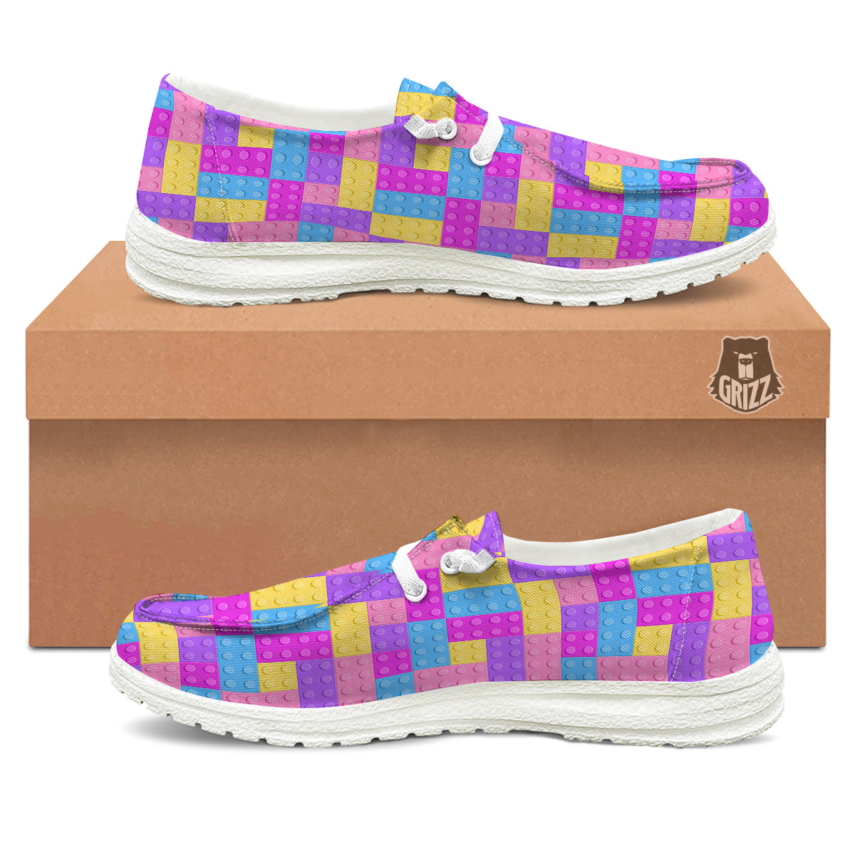 Video Game Colorful Block Puzzle Print White Loafers-grizzshop
