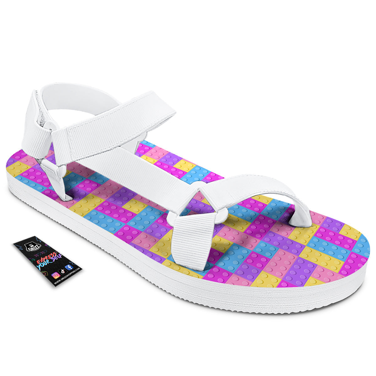 Video Game Colorful Block Puzzle Print White Open Toe Sandals-grizzshop