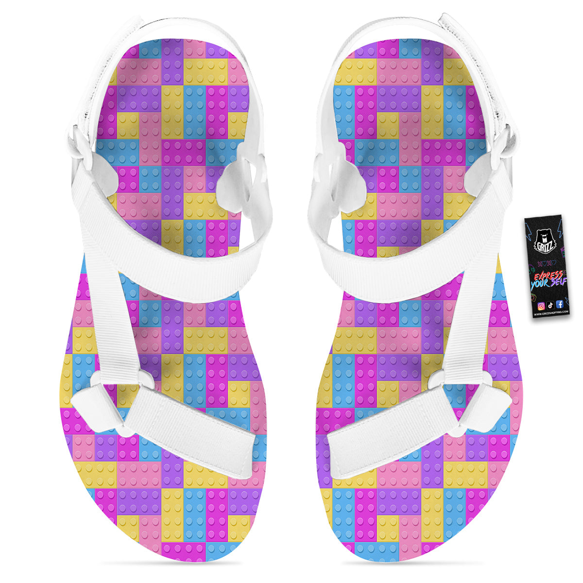 Video Game Colorful Block Puzzle Print White Open Toe Sandals-grizzshop