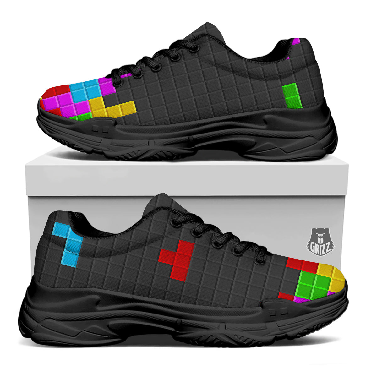 Video Game Colorful Brick Puzzle Print Black Chunky Shoes-grizzshop