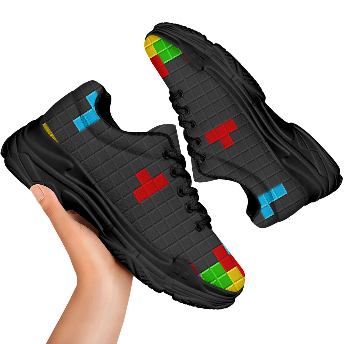 Video Game Colorful Brick Puzzle Print Black Chunky Shoes-grizzshop