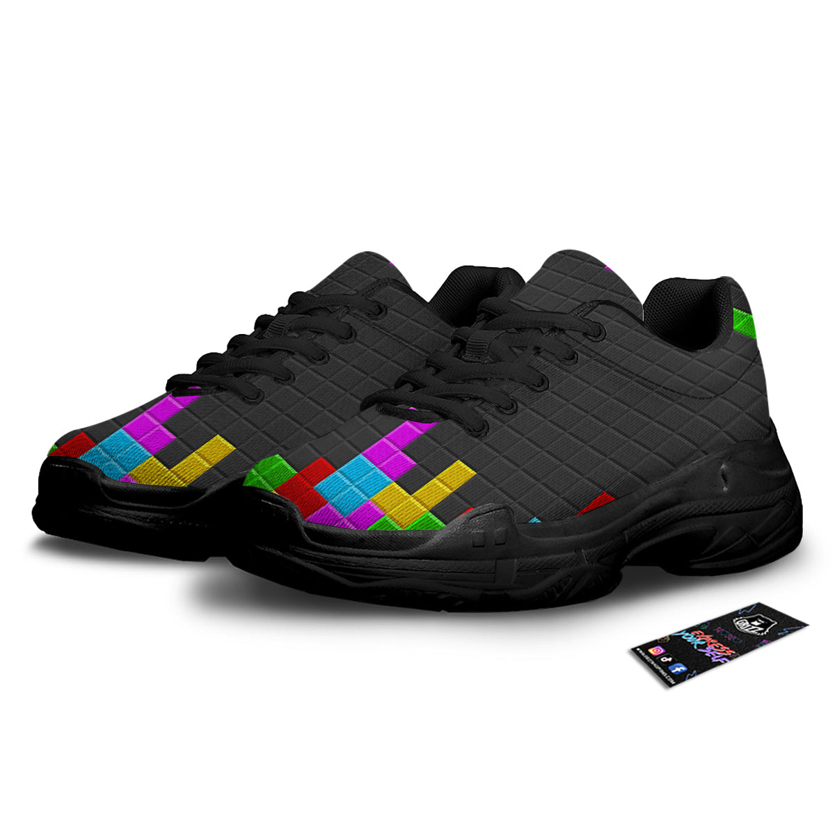 Video Game Colorful Brick Puzzle Print Black Chunky Shoes-grizzshop