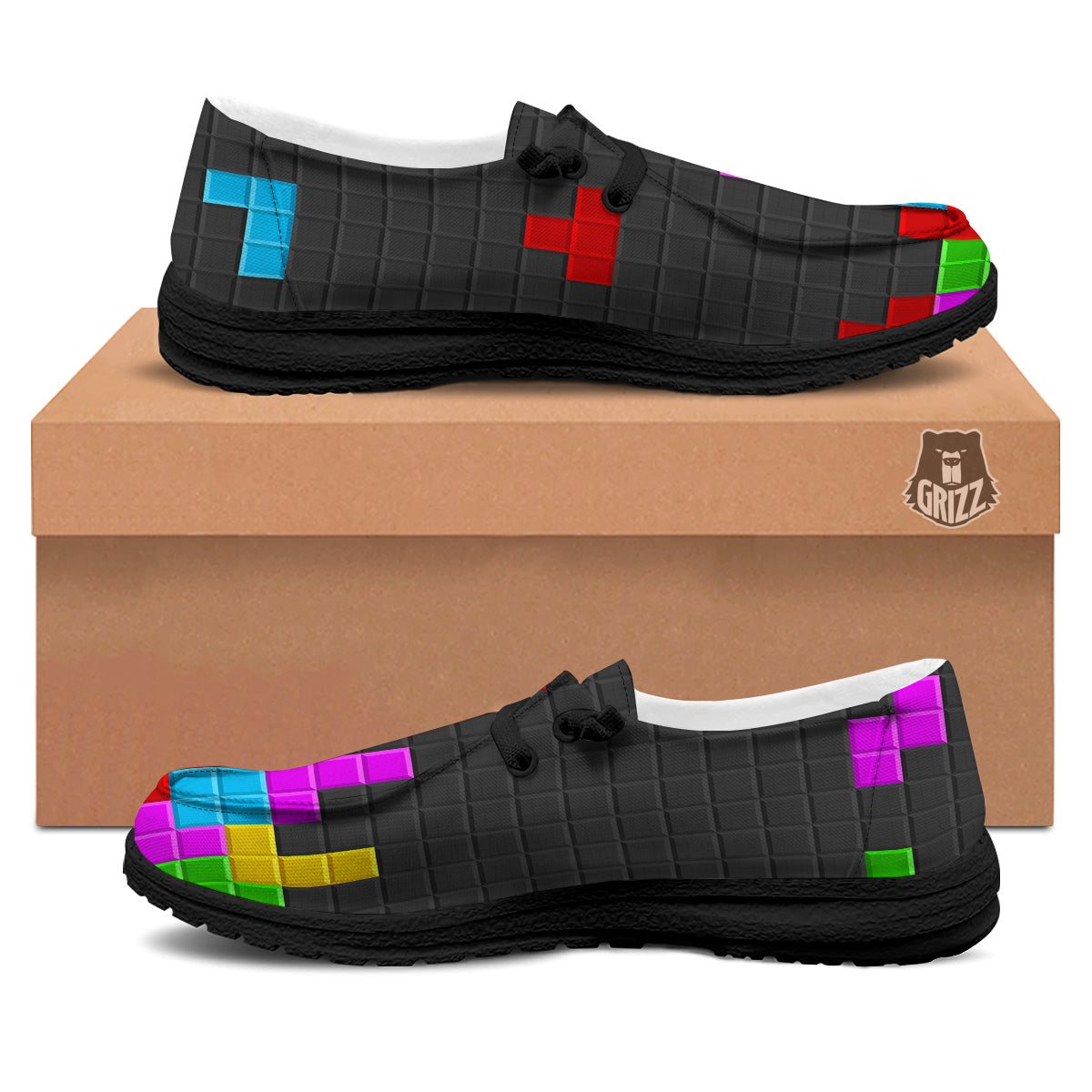 Video Game Colorful Brick Puzzle Print Black Loafers-grizzshop