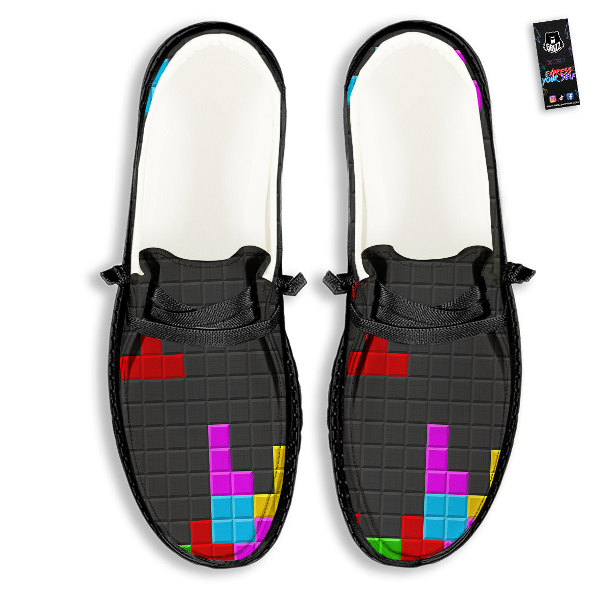 Video Game Colorful Brick Puzzle Print Black Loafers-grizzshop