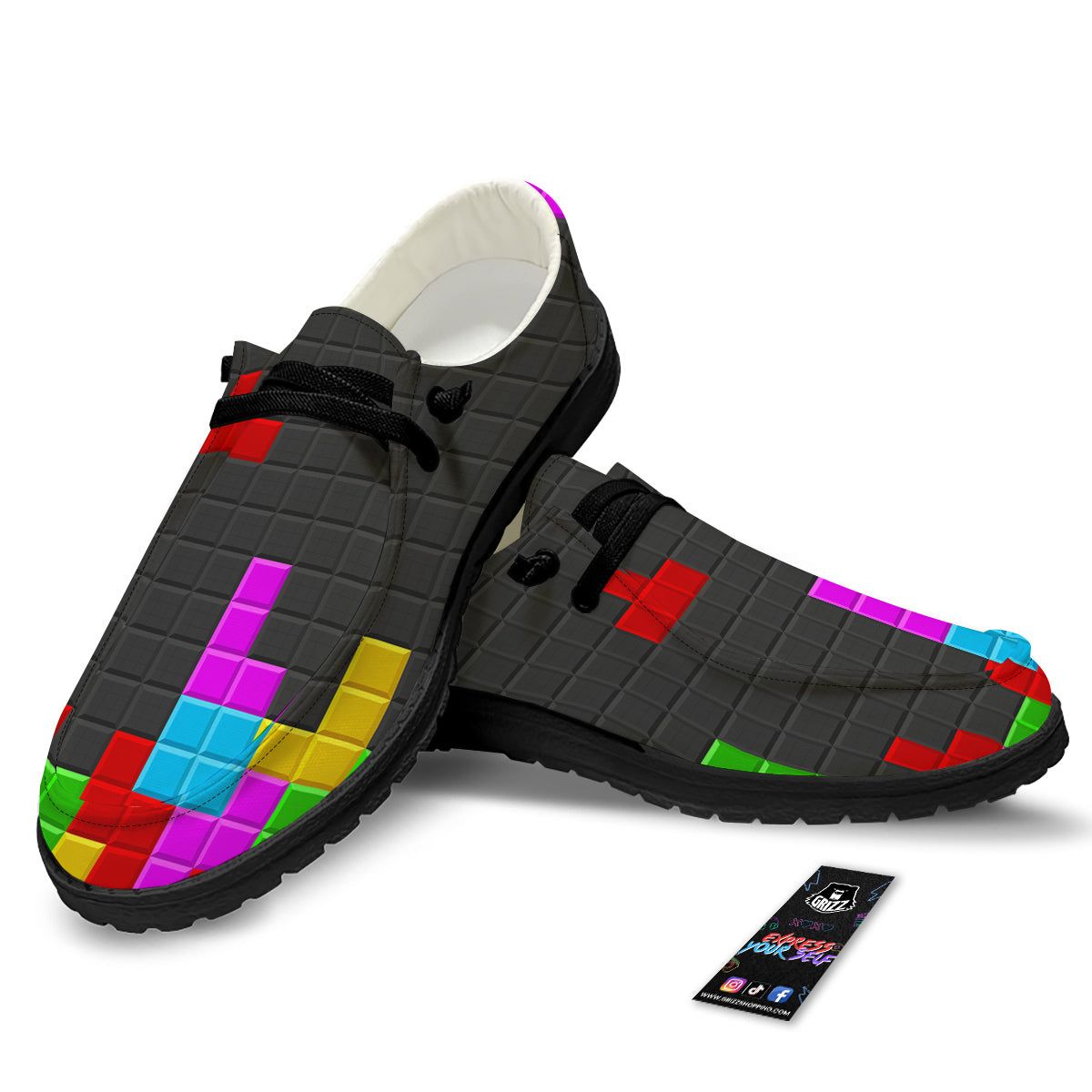 Video Game Colorful Brick Puzzle Print Black Loafers-grizzshop