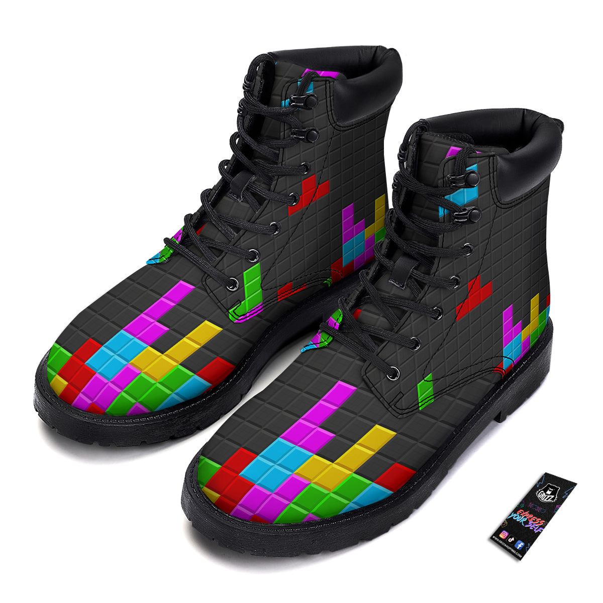 Video Game Colorful Brick Puzzle Print Boots-grizzshop