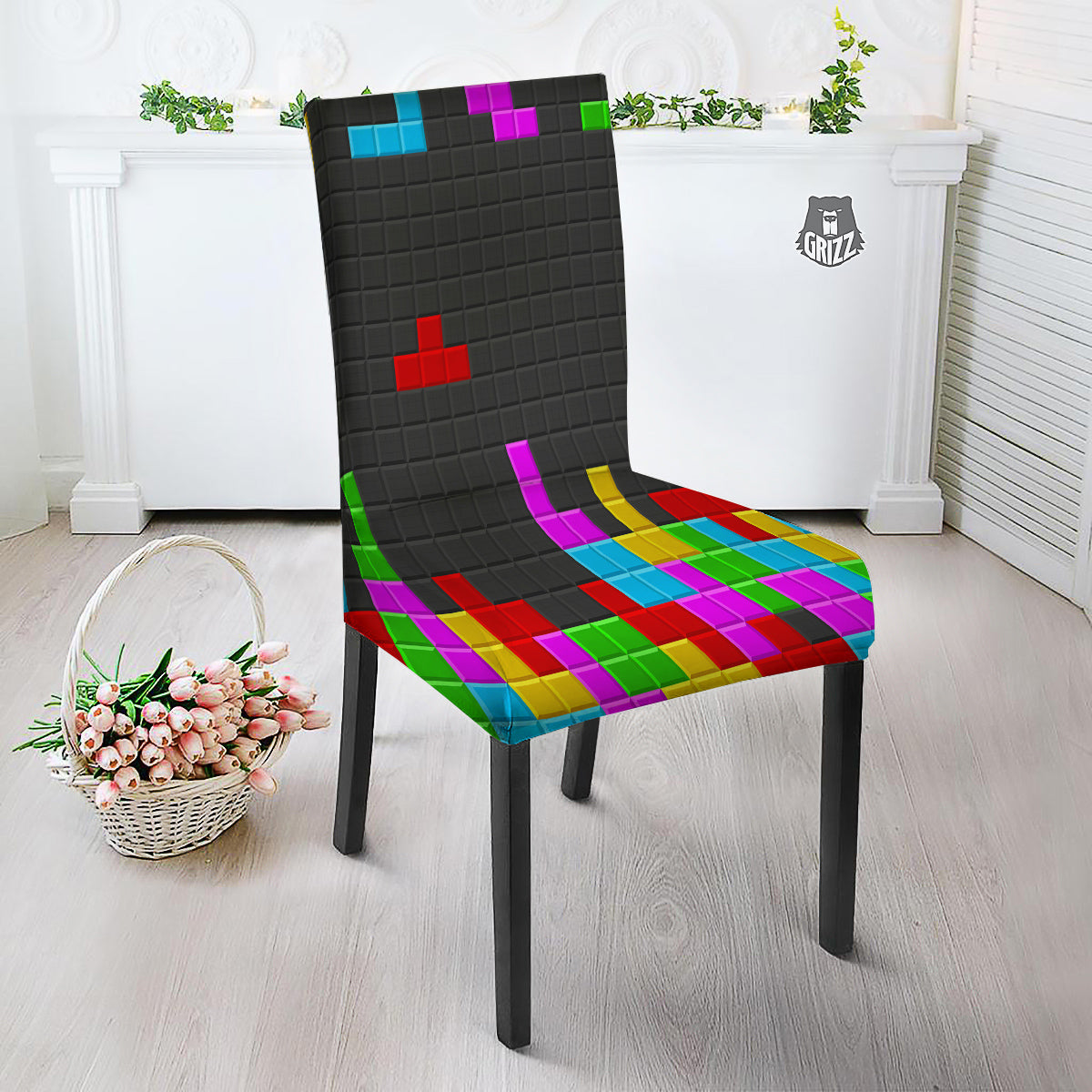 Video Game Colorful Brick Puzzle Print Dining Chair Slipcover-grizzshop