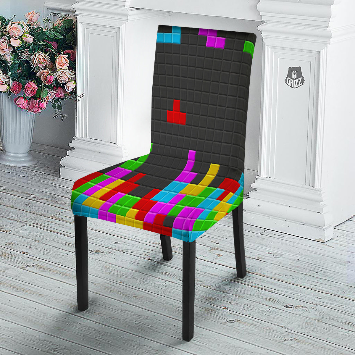 Video Game Colorful Brick Puzzle Print Dining Chair Slipcover-grizzshop
