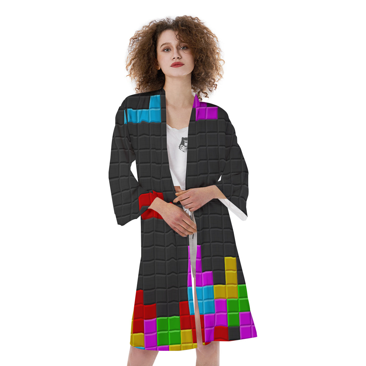 Video Game Colorful Brick Puzzle Print Kimono-grizzshop