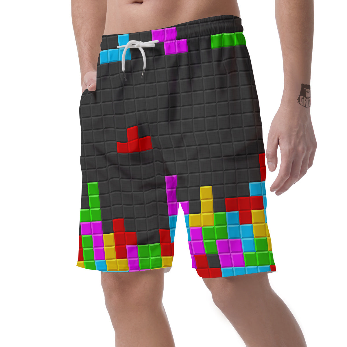 Video Game Colorful Brick Puzzle Print Men's Shorts-grizzshop