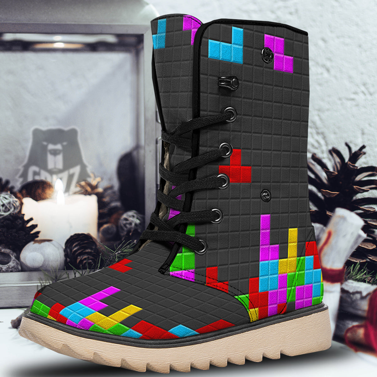 Video Game Colorful Brick Puzzle Print Snow Boots-grizzshop