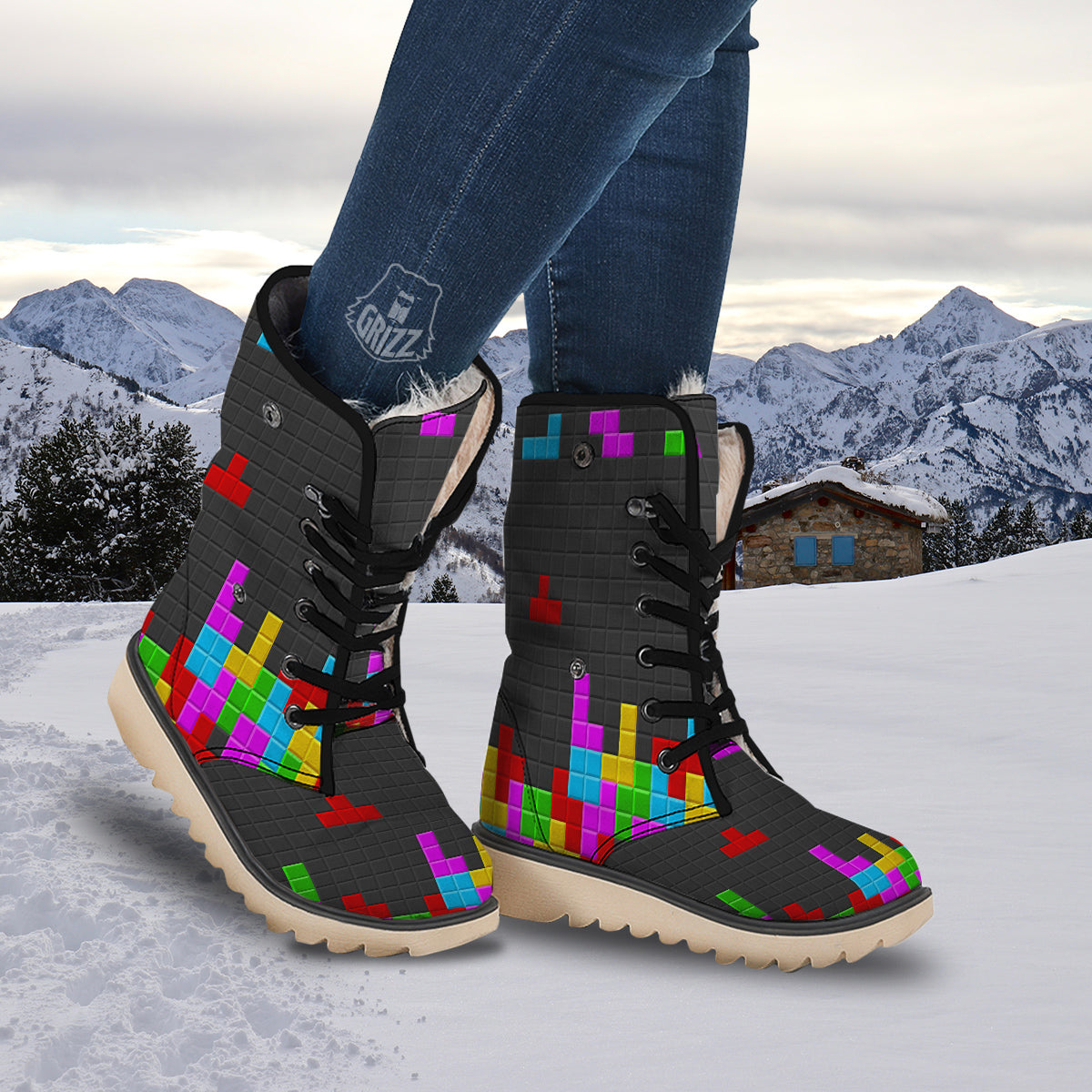 Video Game Colorful Brick Puzzle Print Snow Boots-grizzshop