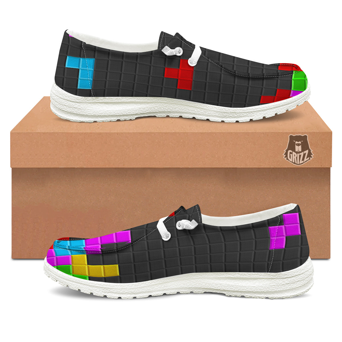 Video Game Colorful Brick Puzzle Print White Loafers-grizzshop