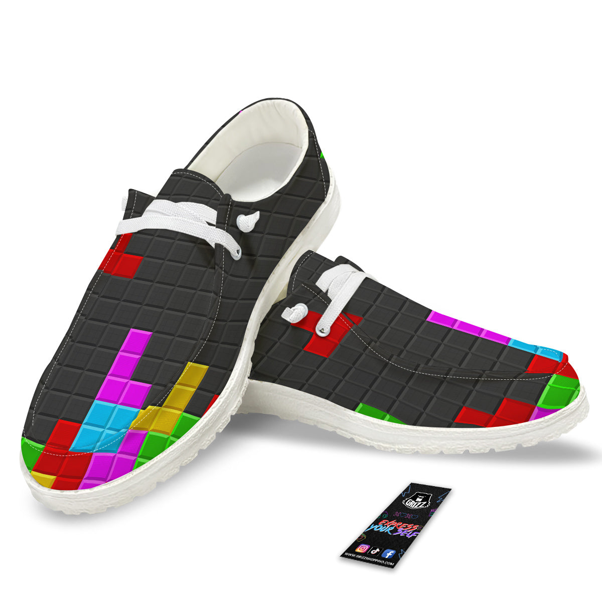 Video Game Colorful Brick Puzzle Print White Loafers-grizzshop