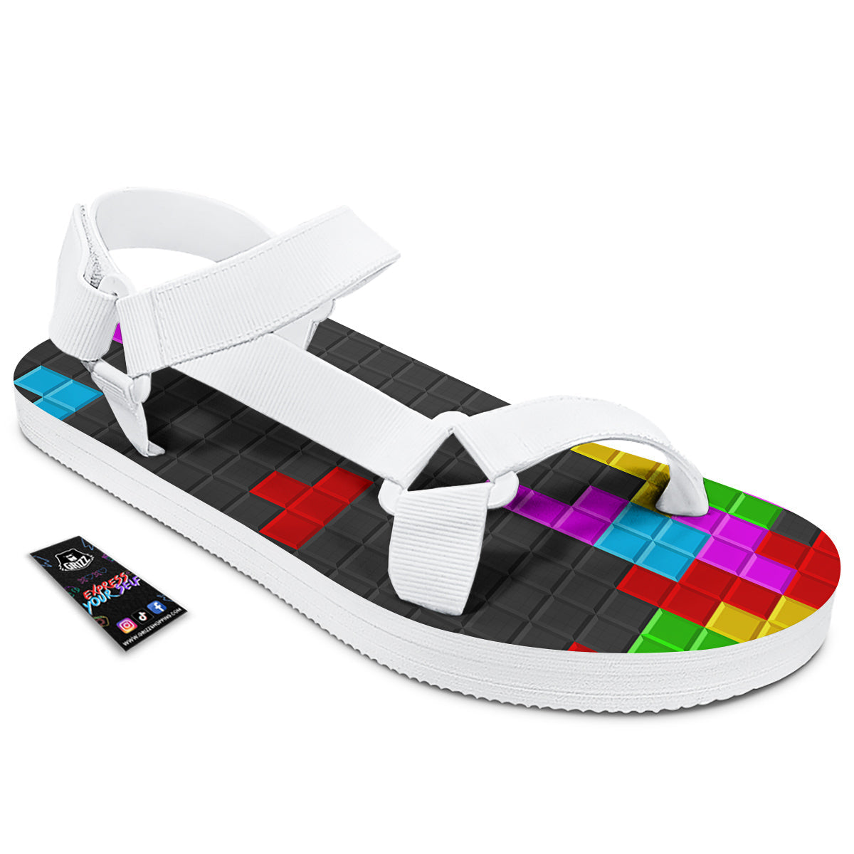 Video Game Colorful Brick Puzzle Print White Open Toe Sandals-grizzshop