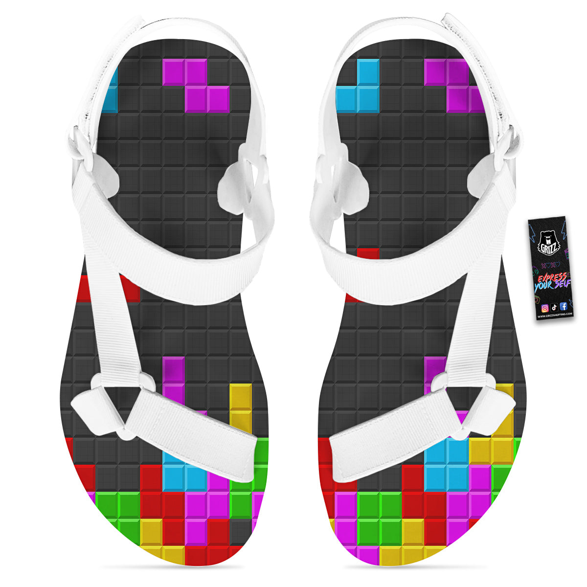 Video Game Colorful Brick Puzzle Print White Open Toe Sandals-grizzshop