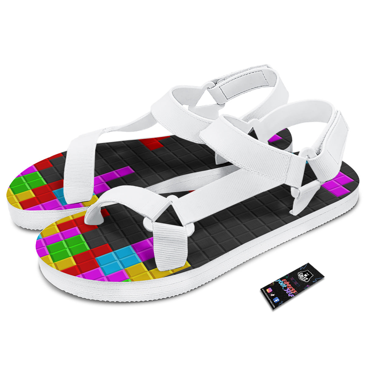 Video Game Colorful Brick Puzzle Print White Open Toe Sandals-grizzshop