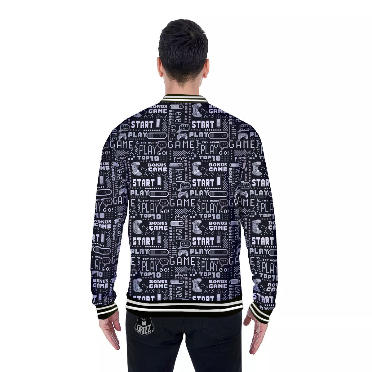 Video Game White And Black Print Pattern Baseball Jacket-grizzshop