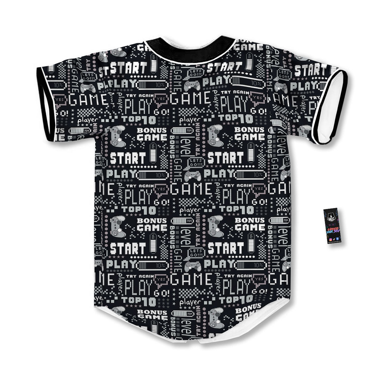 Video Game White And Black Print Pattern Baseball Jersey-grizzshop