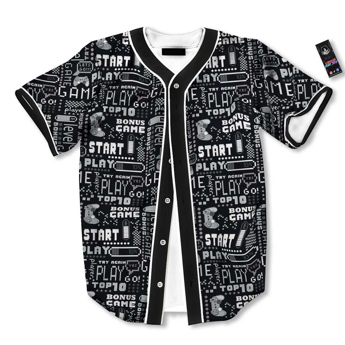 Video Game White And Black Print Pattern Baseball Jersey-grizzshop