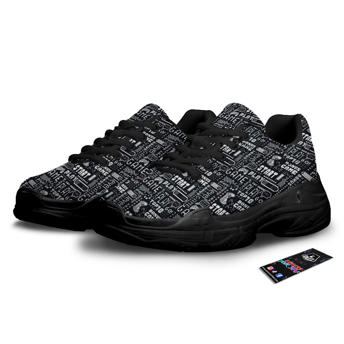 Video Game White And Black Print Pattern Black Chunky Shoes-grizzshop