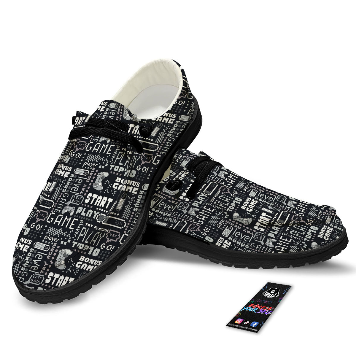 Video Game White And Black Print Pattern Black Loafers-grizzshop
