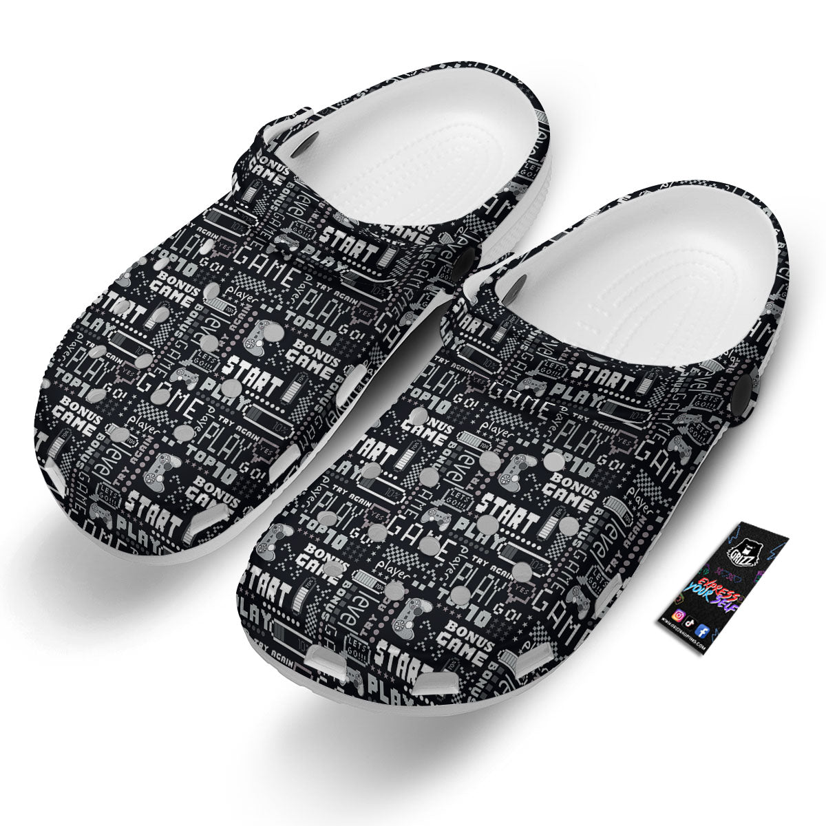 Video Game White And Black Print Pattern Clog-grizzshop