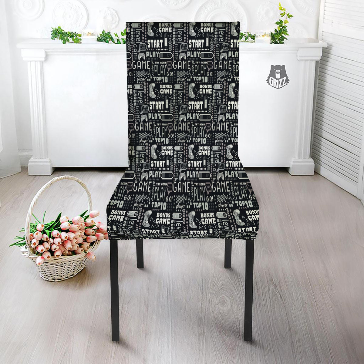 Video Game White And Black Print Pattern Dining Chair Slipcover-grizzshop