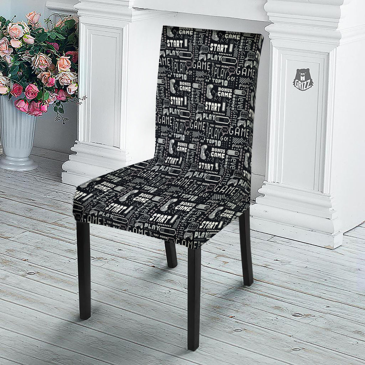Video Game White And Black Print Pattern Dining Chair Slipcover-grizzshop
