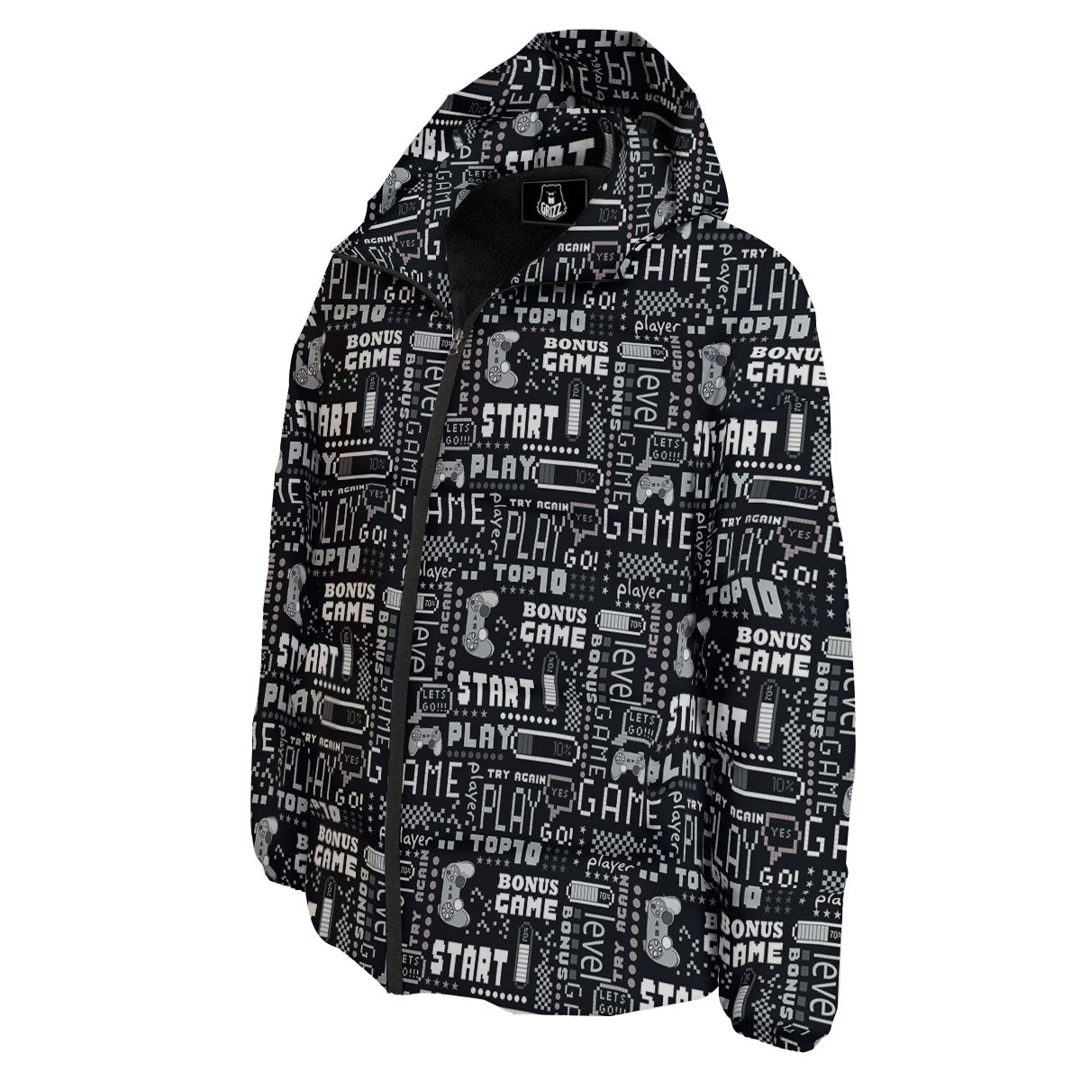 Video Game White And Black Print Pattern Down Jacket-grizzshop
