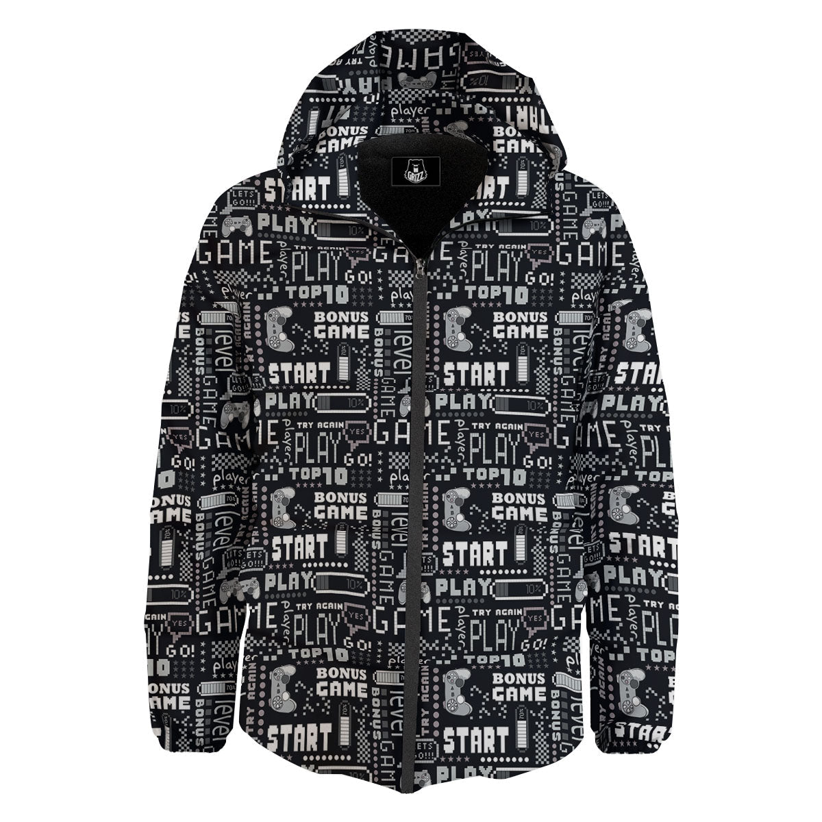 Video Game White And Black Print Pattern Down Jacket-grizzshop