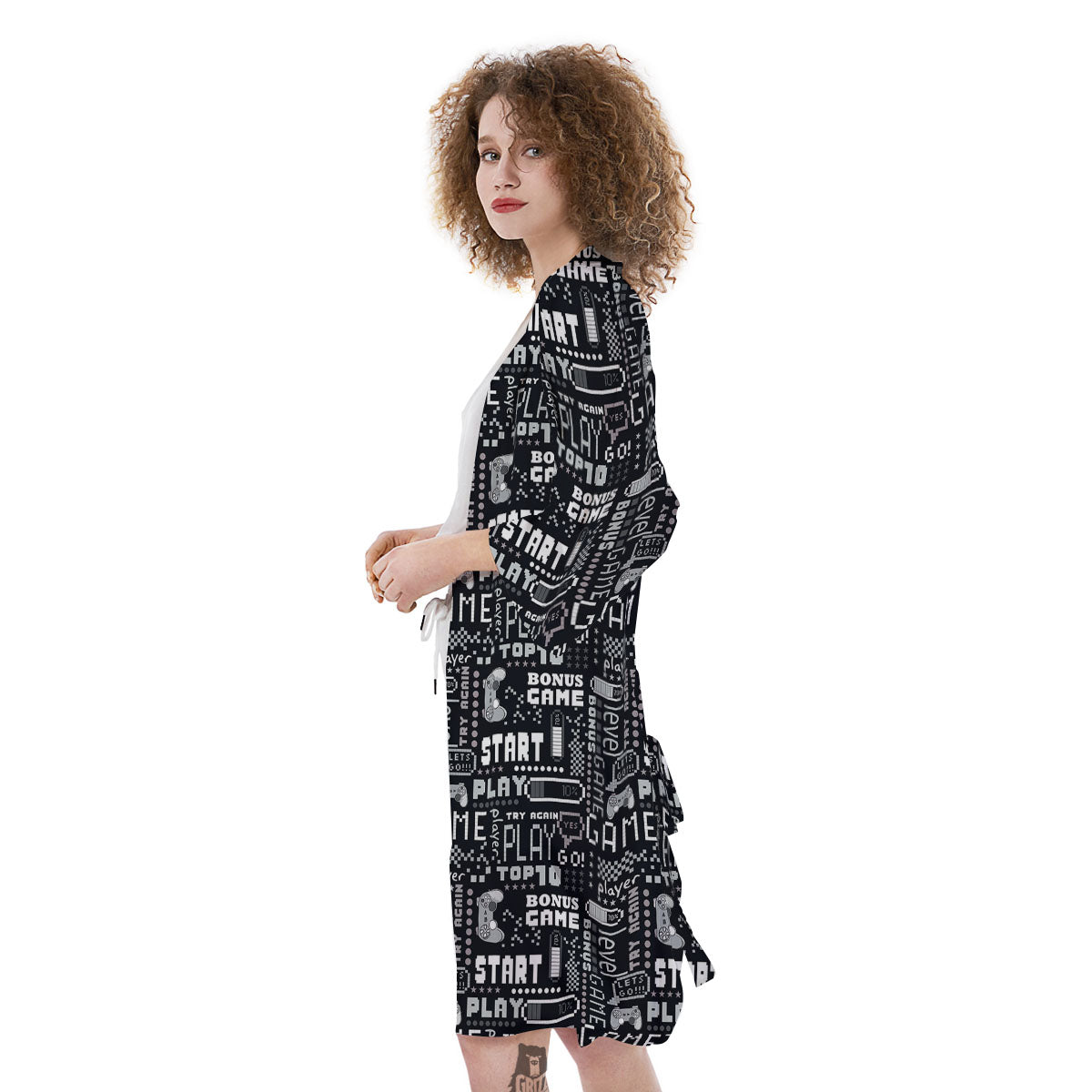 Video Game White And Black Print Pattern Kimono-grizzshop